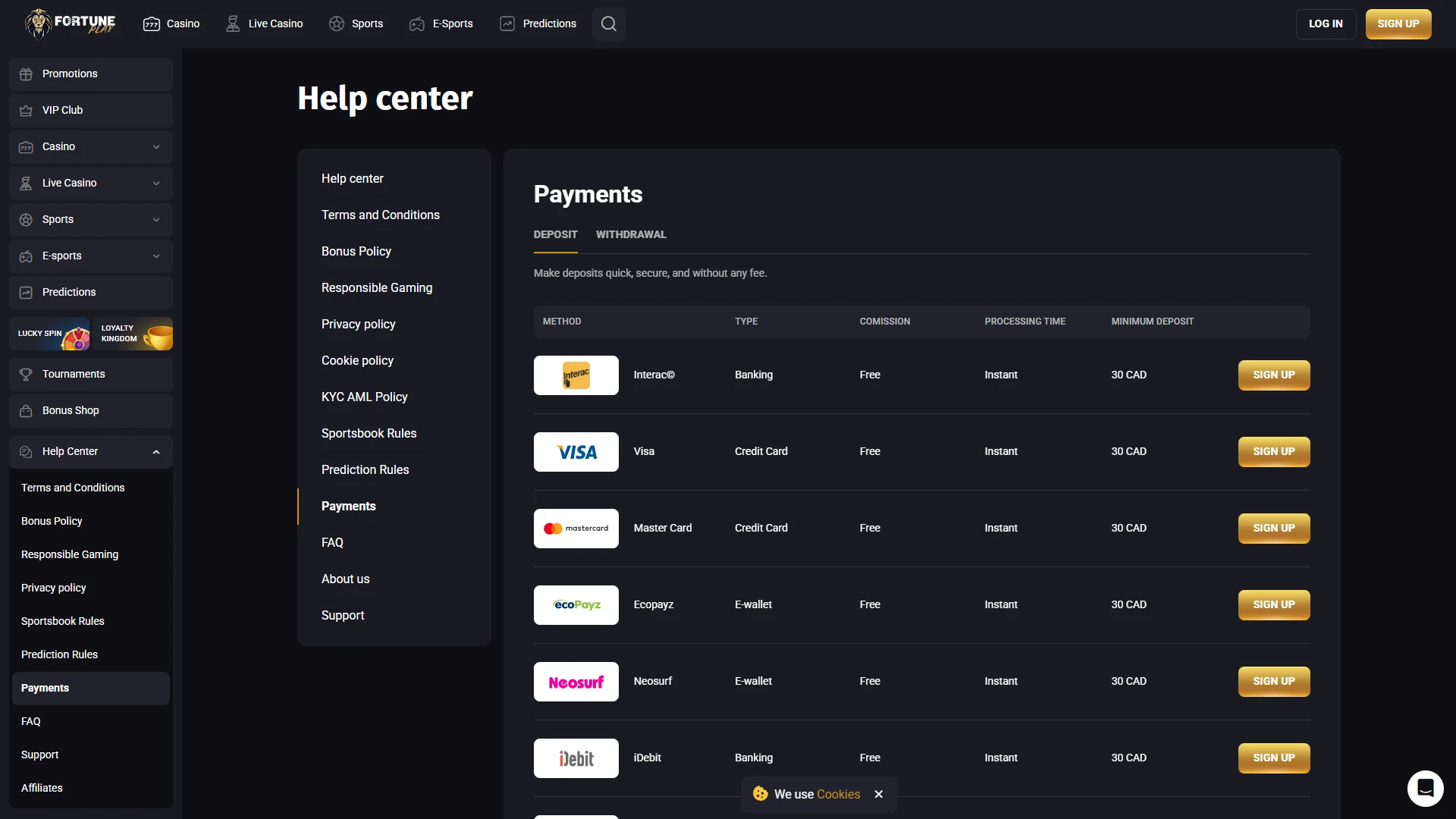 Fortune Play payment methods